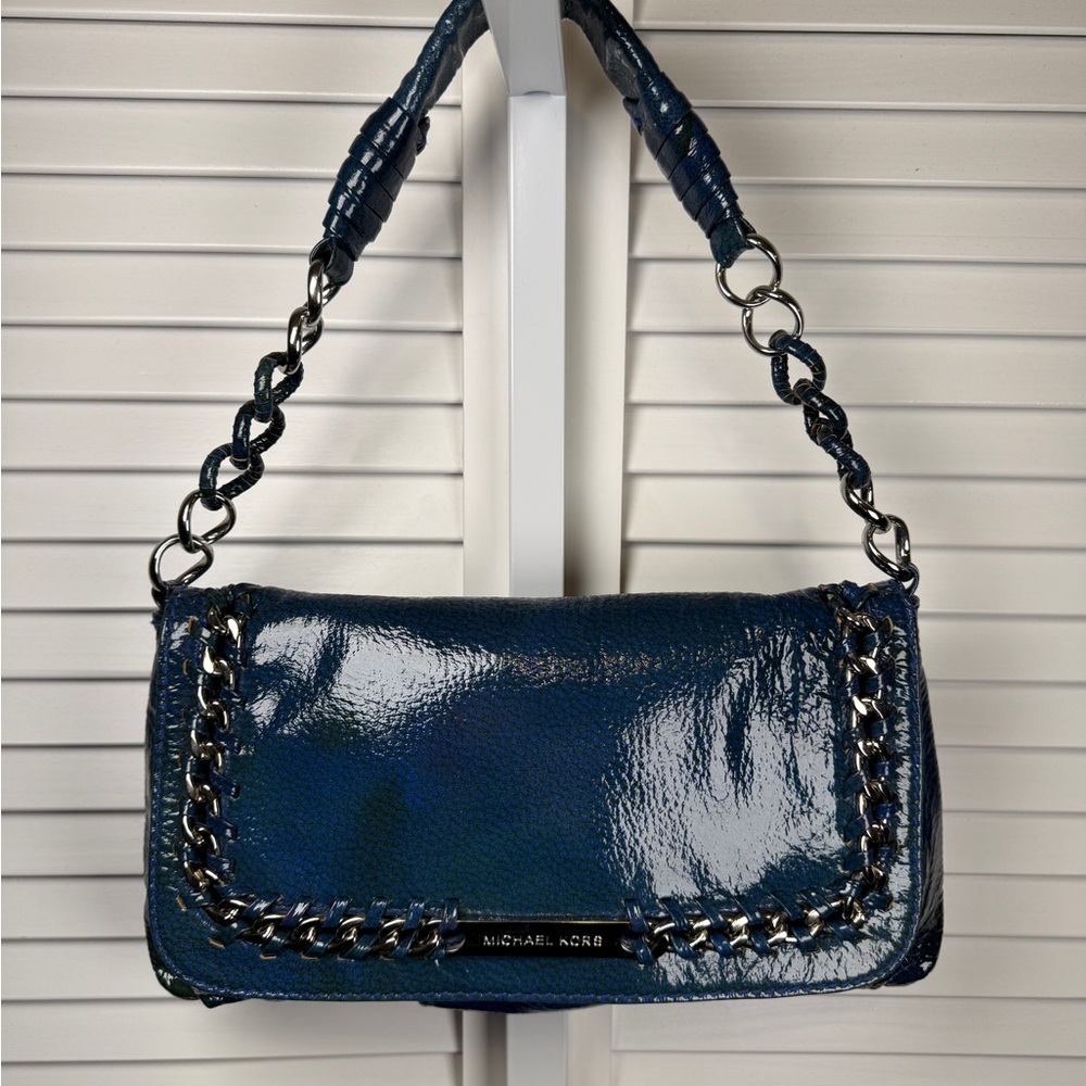 Y2K Michael Kors Patent Blue Green Leather Suede Interior Shoulder Bag ID Chain